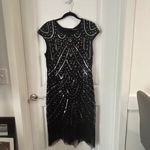 Pretty Guide 2XL Black Bead Silver Sequin Dress Cap Sleeve Fringe Bottom Lined